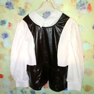 White Button Down Faux Black Leather V Opened Back Size 2XL